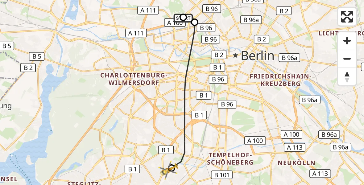 Flugroute Rettungshubschrauber Charité Clinic Virchow Campus - Charité Clinic Benjamin Franklin Campus, 02 Oktober 2026, 13:03