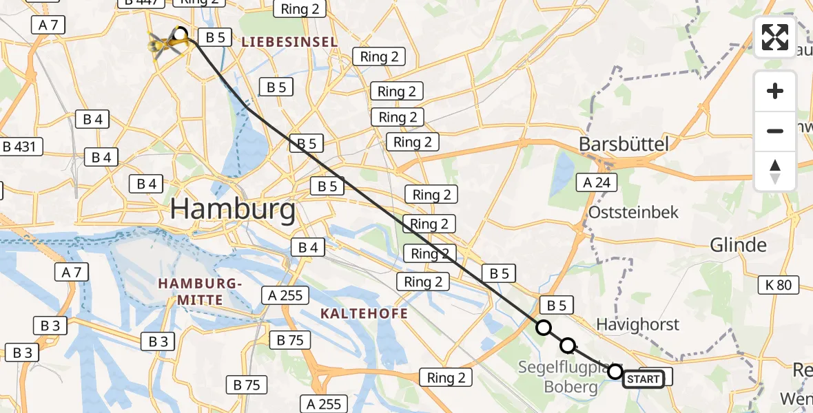 Flugroute Rettungshubschrauber Christoph Hansa ADAC Hubschrauberlandeplatz - Universitätsklinikum Hamburg-Eppendorf Hubschrauberlandeplatz, 02 Oktober 2026, 13:14