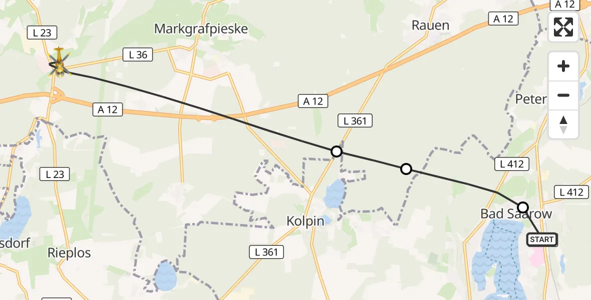 Flugroute Rettungshubschrauber Bad Saarow Hospital - Spreenhagen, 02 Oktober 2026, 13:18