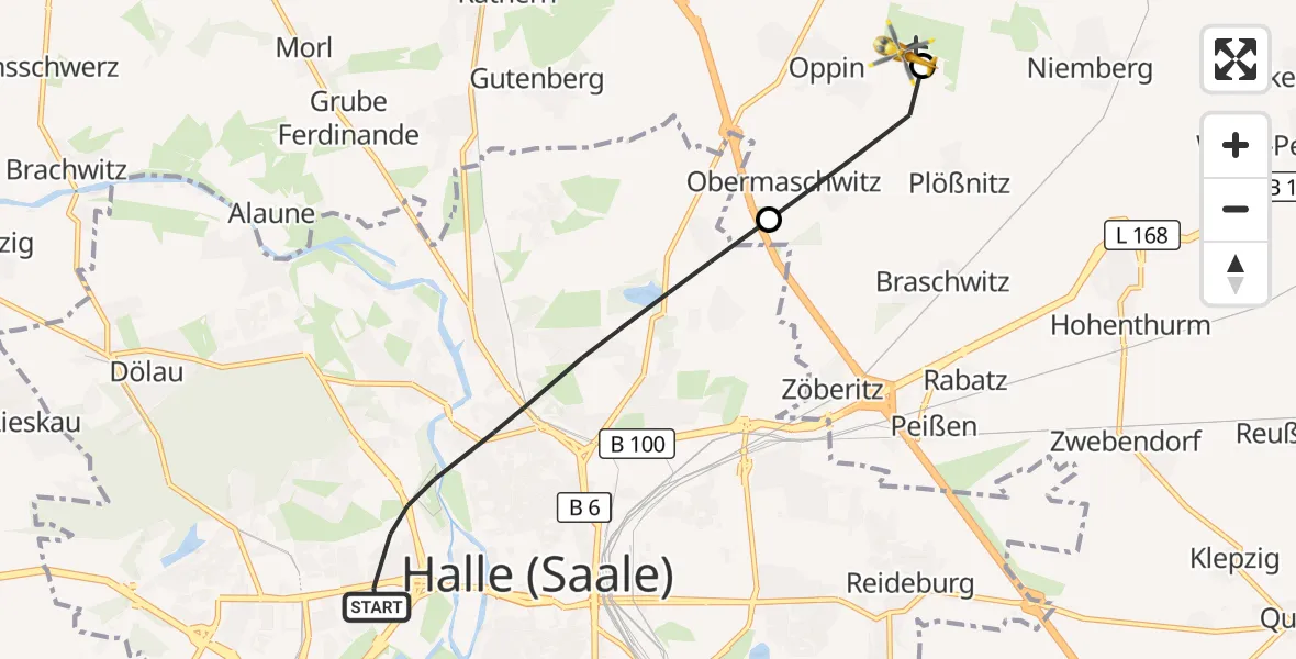 Flugroute Rettungshubschrauber Halle (Saale) - Halle-Oppin Flugplatz, 02 Oktober 2026, 13:19