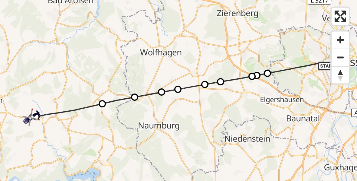 Flugroute Polizeihubschrauber Kassel - Korbach, 02 Oktober 2026, 13:22