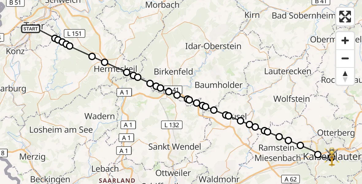 Flugroute Rettungshubschrauber Trier - Westpfalz Hospital Kaiserslautern, 02 Oktober 2026, 13:30
