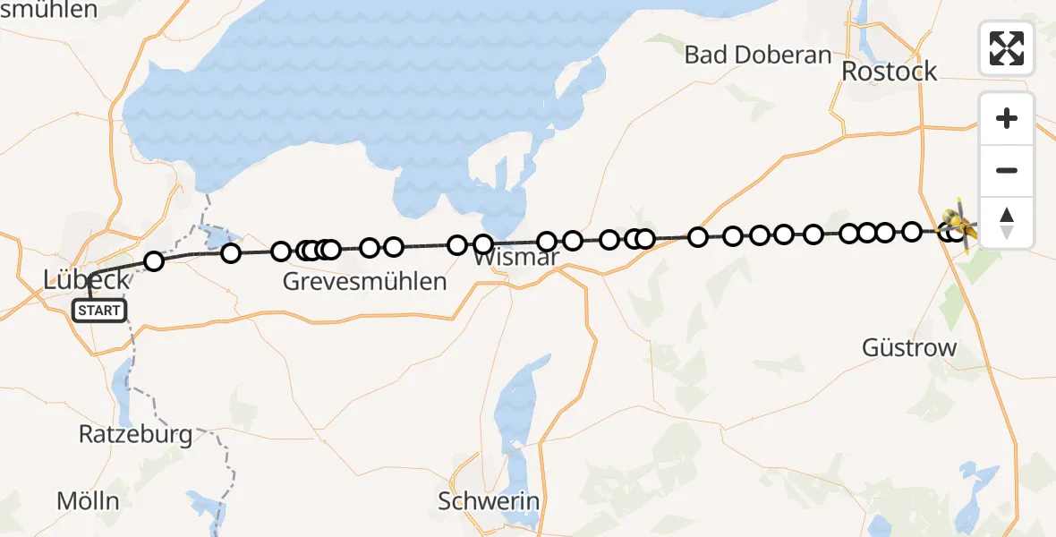 Flugroute Rettungshubschrauber Lübeck - Flughafen Rostock-Laage, 02 Oktober 2026, 13:33