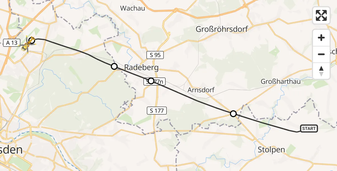 Flugroute Rettungshubschrauber Stolpen - Dresden Bundespolizei Hubschrauberlandeplatz, 02 Oktober 2026, 13:39