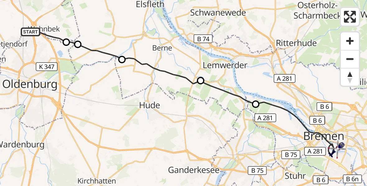 Flugroute Polizeihubschrauber Rastede - Bremen, 02 Oktober 2026, 13:39