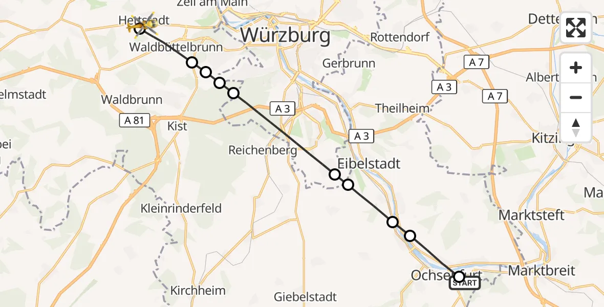 Flugroute Rettungshubschrauber Ochsenfurt Hospital - Hettstadt, 02 Oktober 2026, 13:43