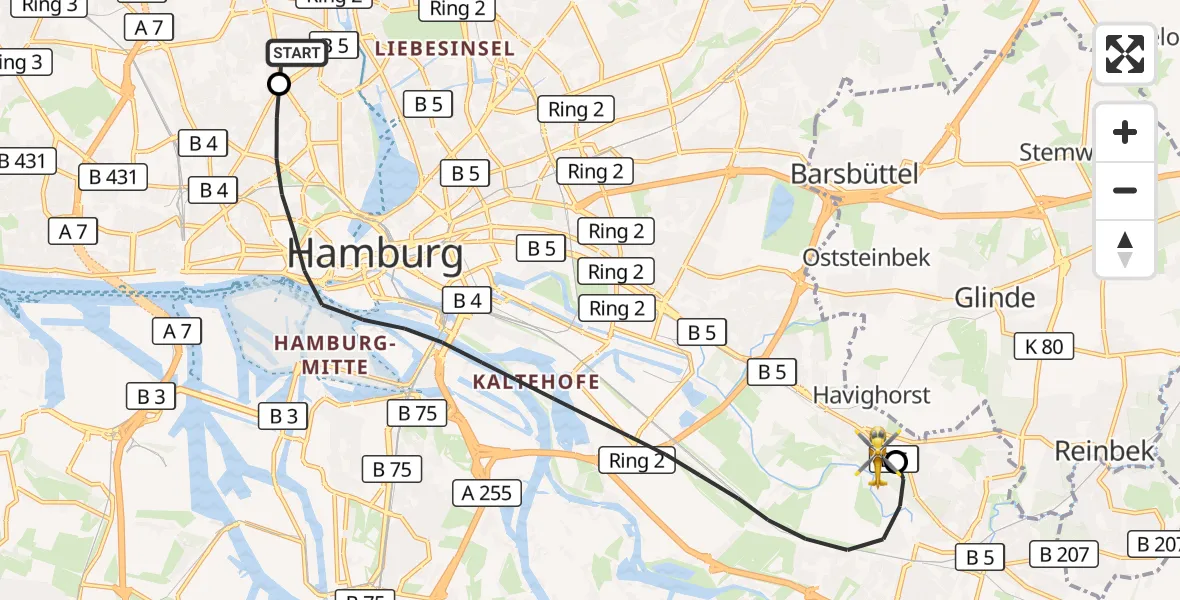 Flugroute Rettungshubschrauber Universitätsklinikum Hamburg-Eppendorf Hubschrauberlandeplatz - Christoph Hansa ADAC Hubschrauberlandeplatz, 02 Oktober 2026, 13:47
