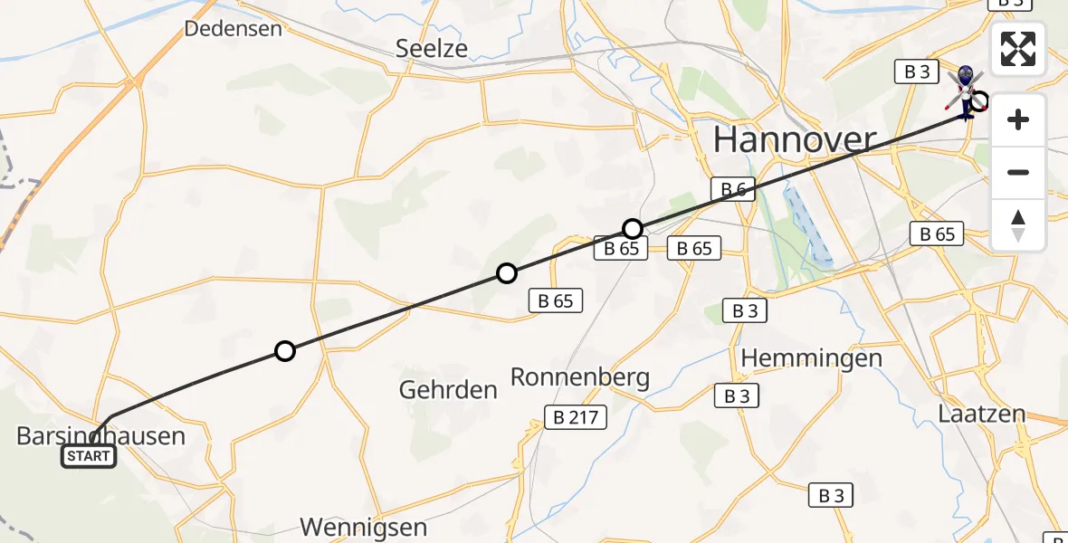 Flugroute Polizeihubschrauber Barsinghausen - Hannover Luftrettung Hubschrauberlandeplatz (Christoph 4), 02 Oktober 2026, 13:50