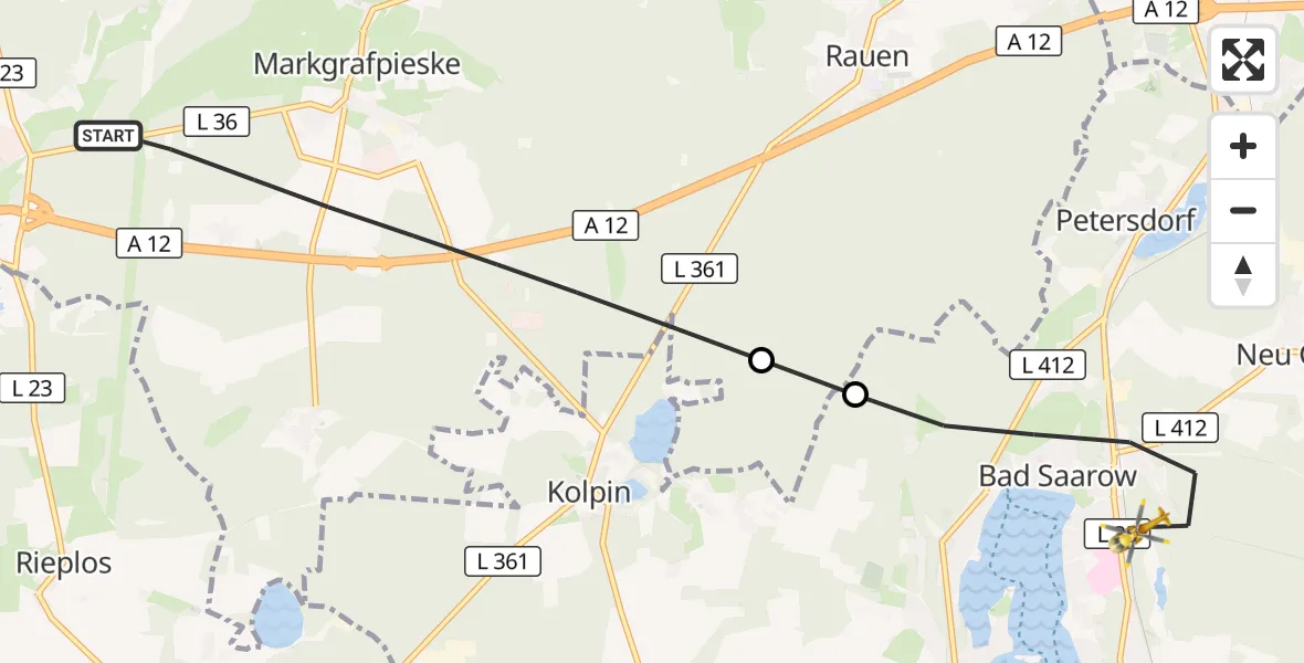 Flugroute Rettungshubschrauber Spreenhagen - Bad Saarow, 02 Oktober 2026, 13:50