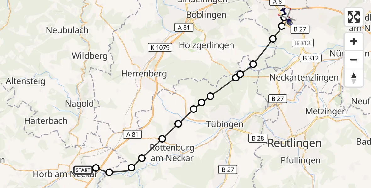 Flugroute Polizeihubschrauber Horb am Neckar - Flughafen Stuttgart, 02 Oktober 2026, 13:58