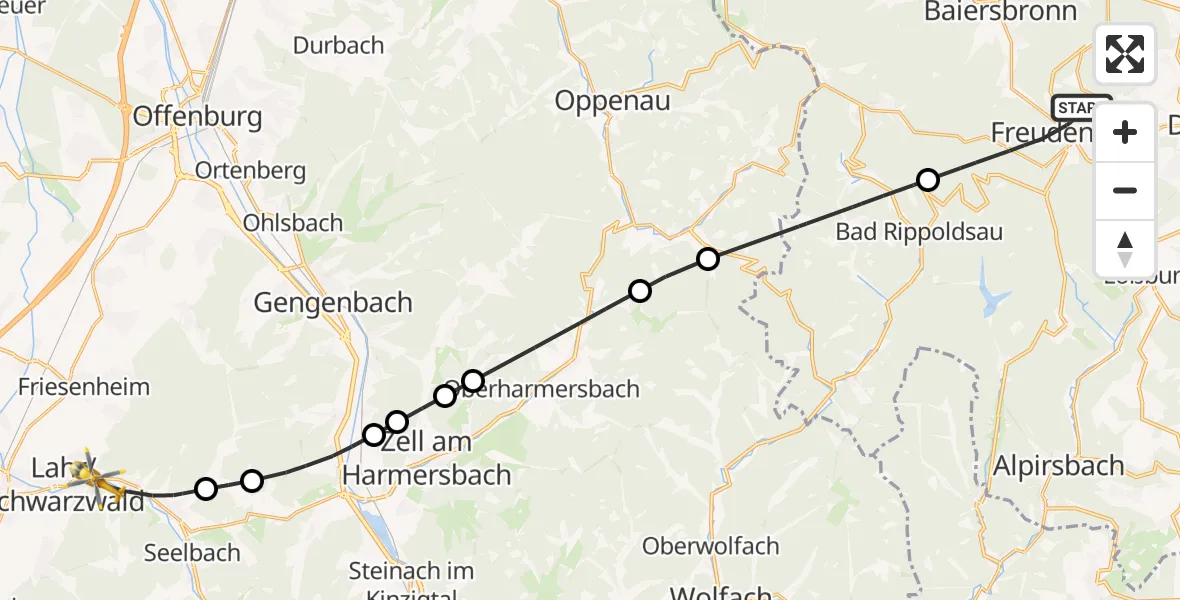 Flugroute Rettungshubschrauber Freudenstadt - Lahr/Schwarzwald, 02 Oktober 2026, 14:01