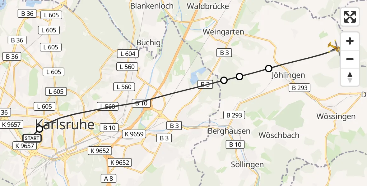 Flugroute Ambulanzhubschrauber Sankt Vincentius Hospital - Walzbachtal, 02 Oktober 2026, 14:03