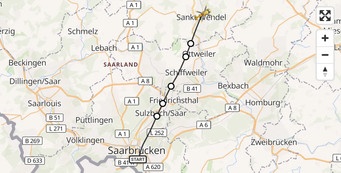 Flugroute Rettungshubschrauber Saarbrücken - St. Wendel, 02 Oktober 2026, 14:04