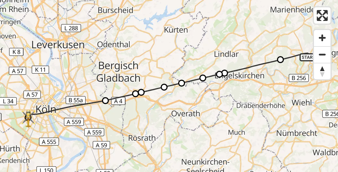 Flugroute Ambulanzhubschrauber Gummersbach - Köln University Hospital, 02 Oktober 2026, 14:08