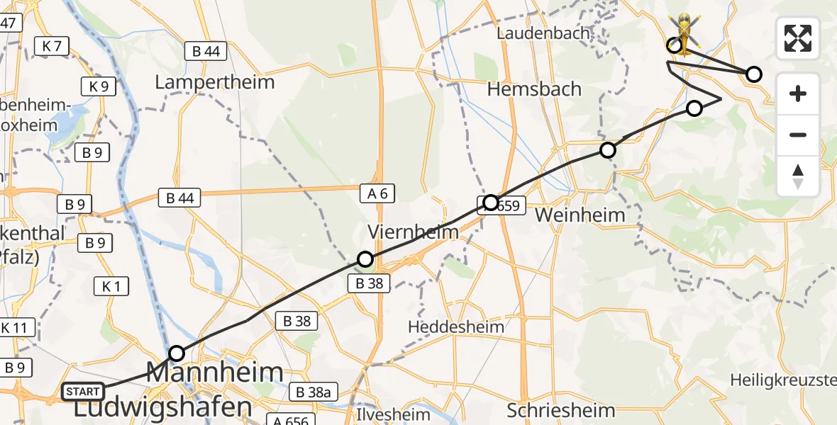 Flugroute Rettungshubschrauber Ludwigshafen am Rhein - Mörlenbach, 02 Oktober 2026, 14:09