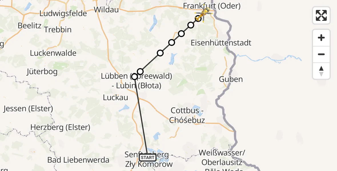 Flugroute Ambulanzhubschrauber ADAC Luftrettungsstation Senftenberg Hubschrauberlandeplatz - Frankfurt (Oder), 02 Oktober 2026, 14:15