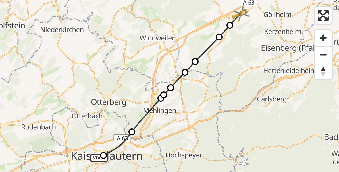 Flugroute Rettungshubschrauber Westpfalz Hospital Kaiserslautern - Dreisen, 02 Oktober 2026, 14:28