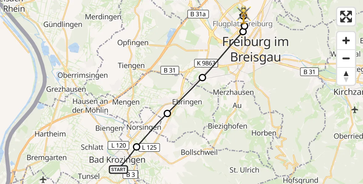 Flugroute Ambulanzhubschrauber Bad Krozingen - Freiburg im Breisgau Flugplatz, 02 Oktober 2026, 14:32