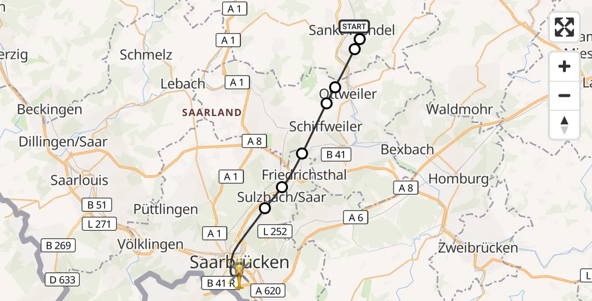 Flugroute Rettungshubschrauber St. Wendel - Saarbrücken, 02 Oktober 2026, 14:38