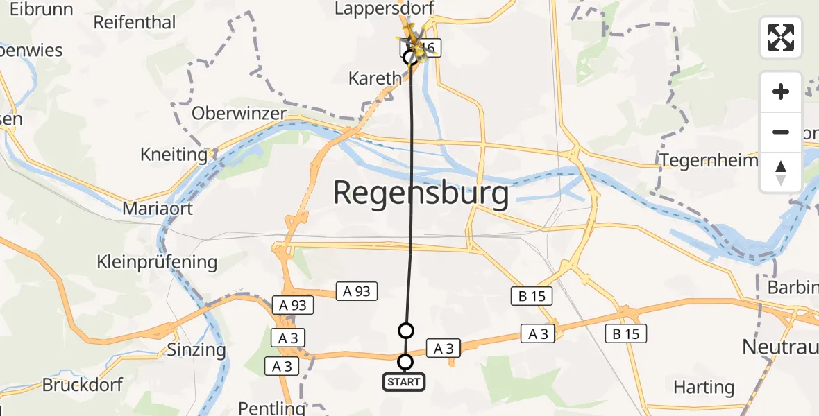 Flugroute Rettungshubschrauber DRF Air Rescue Station Regensburg / Regensburg University Hospital - Lappersdorf, 02 Oktober 2026, 14:42
