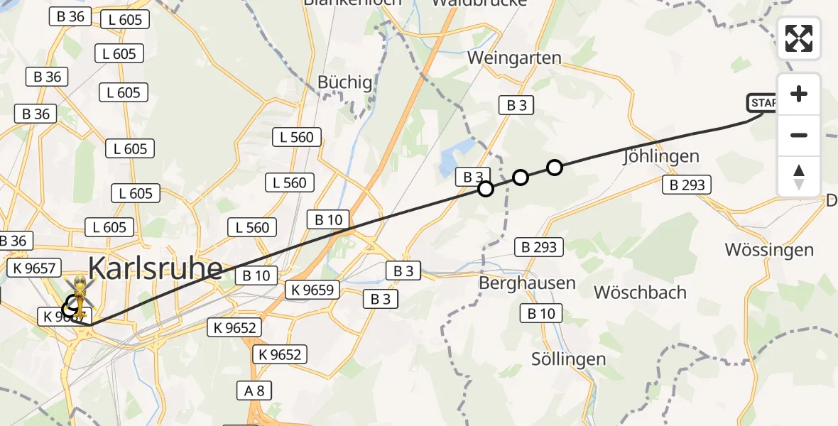 Flugroute Ambulanzhubschrauber Walzbachtal - Sankt Vincentius Hospital, 02 Oktober 2026, 14:42
