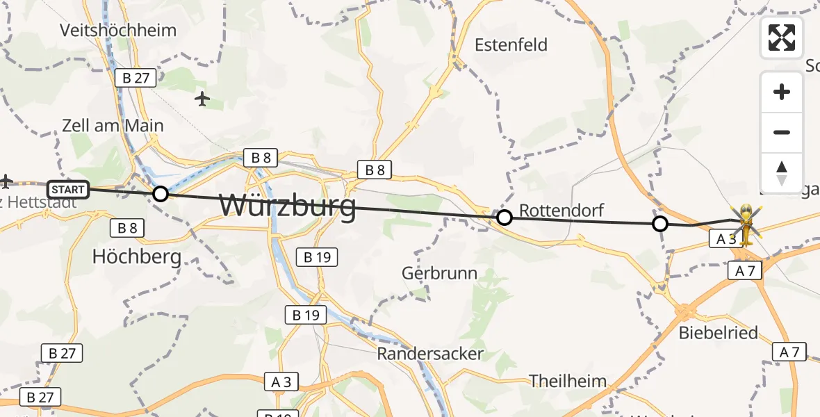 Flugroute Rettungshubschrauber Zell a.Main - Dettelbach, 02 Oktober 2026, 14:46