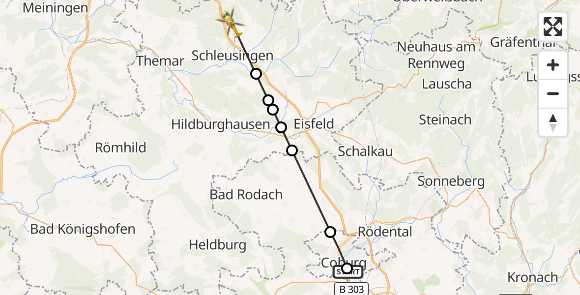 Flugroute Rettungshubschrauber Regiomed Hospital Coburg - Schleusingen, 02 Oktober 2026, 14:47