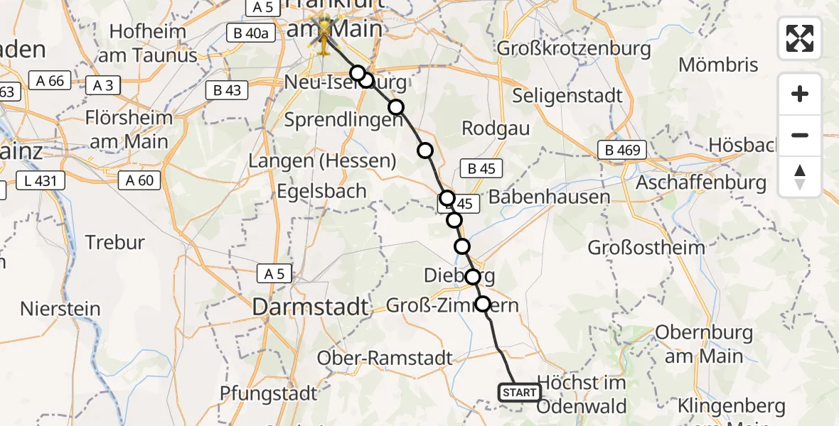 Flugroute Rettungshubschrauber Otzberg - Frankfurt am Main, 02 Oktober 2026, 14:50