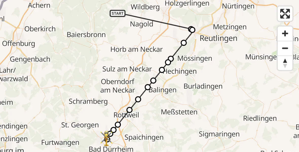Flugroute Ambulanzhubschrauber Altensteig - DRF Air Rescue Station Villingen-Schwenningen Hubschrauberlandeplatz (Christoph 11), 02 Oktober 2026, 14:58
