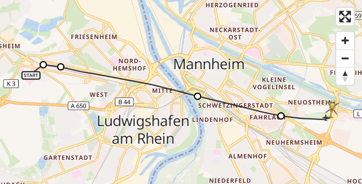 Flugroute Rettungshubschrauber Ludwigshafen Accident Hospital - Mannheim-City Flughafen, 02 Oktober 2026, 14:58