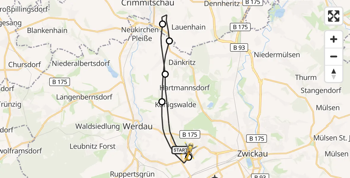 Flugroute Rettungshubschrauber Werdau - ADAC Air Rescue Station Zwickau Hubschrauberlandeplatz, 02 Oktober 2026, 15:11