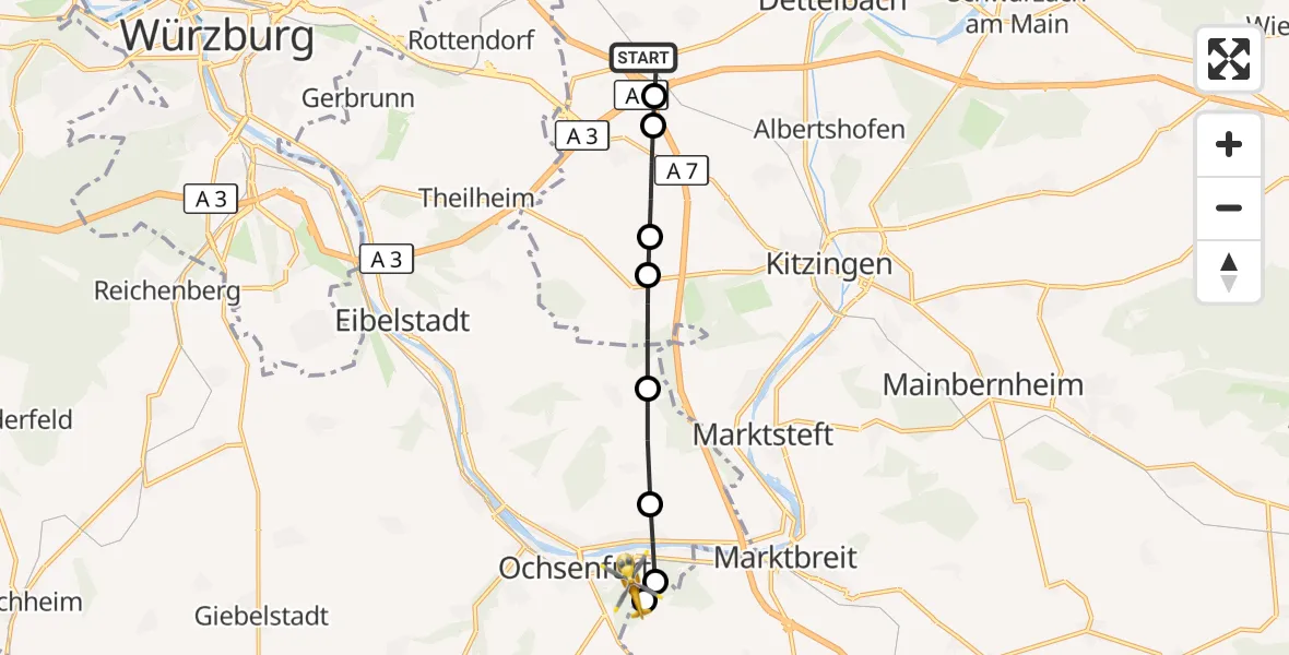 Flugroute Rettungshubschrauber Dettelbach - Ochsenfurt Hospital, 02 Oktober 2026, 15:18