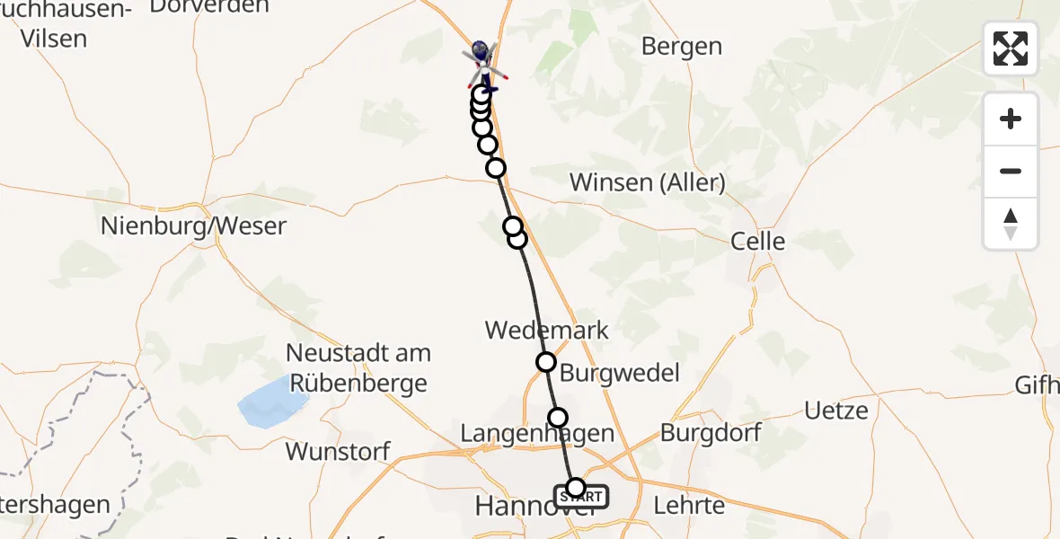 Flugroute Polizeihubschrauber Hannover Luftrettung Hubschrauberlandeplatz (Christoph 4) - Walsrode, 02 Oktober 2026, 15:29