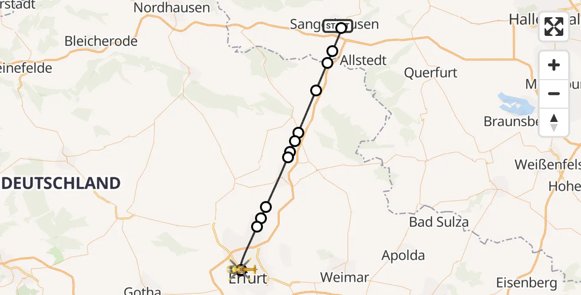 Flugroute Rettungshubschrauber Helios Clinic Mansfeld-Südharz - Helios Clinic Erfurt, 02 Oktober 2026, 15:29