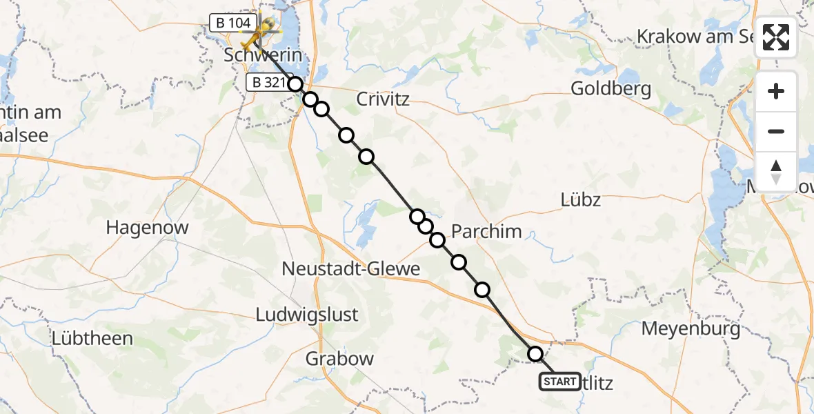 Flugroute Rettungshubschrauber Putlitz - Schwerin, 02 Oktober 2026, 15:32