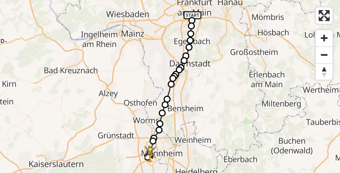 Flugroute Rettungshubschrauber Frankfurt am Main - Ludwigshafen Accident Hospital, 02 Oktober 2026, 15:35