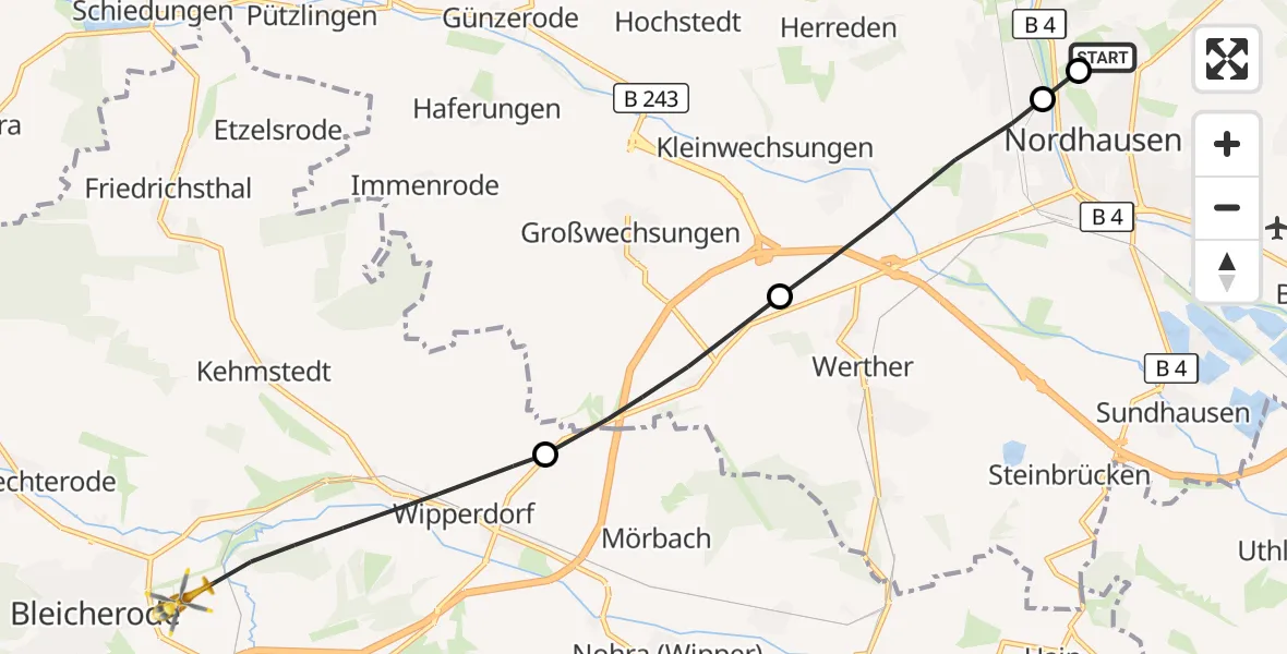 Flugroute Rettungshubschrauber Südharz Hospital Nordhausen - Bleicherode, 02 Oktober 2026, 15:36