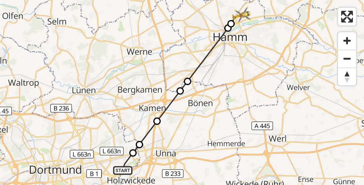 Flugroute Rettungshubschrauber Dortmund Flughafen - Hamm, 02 Oktober 2026, 15:42