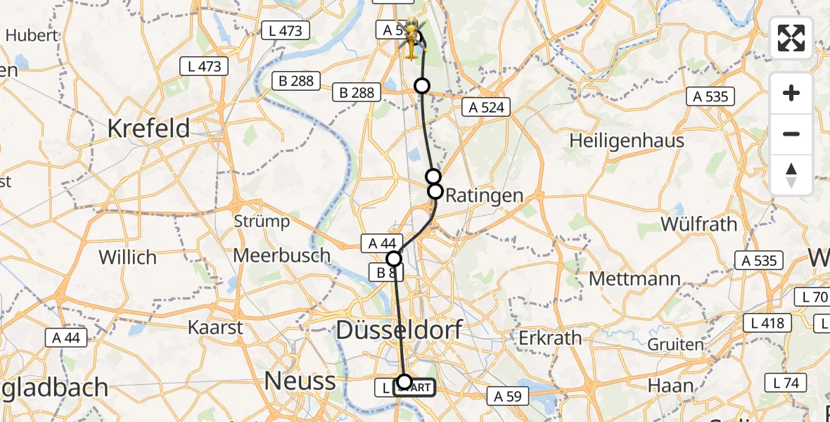 Flugroute Rettungshubschrauber Düsseldorf University Hospital - Duisburg Air Rescue Hubschrauberlandeplatz (Christoph 9), 02 Oktober 2026, 15:46