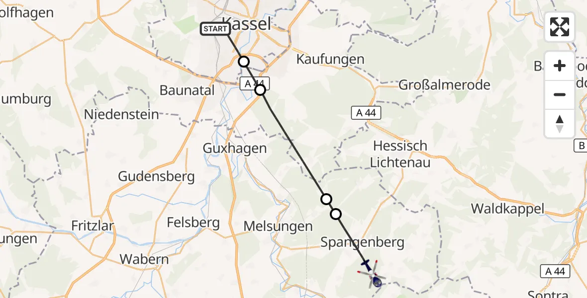 Flugroute Polizeihubschrauber Kassel - Spangenberg, 02 Oktober 2026, 15:57