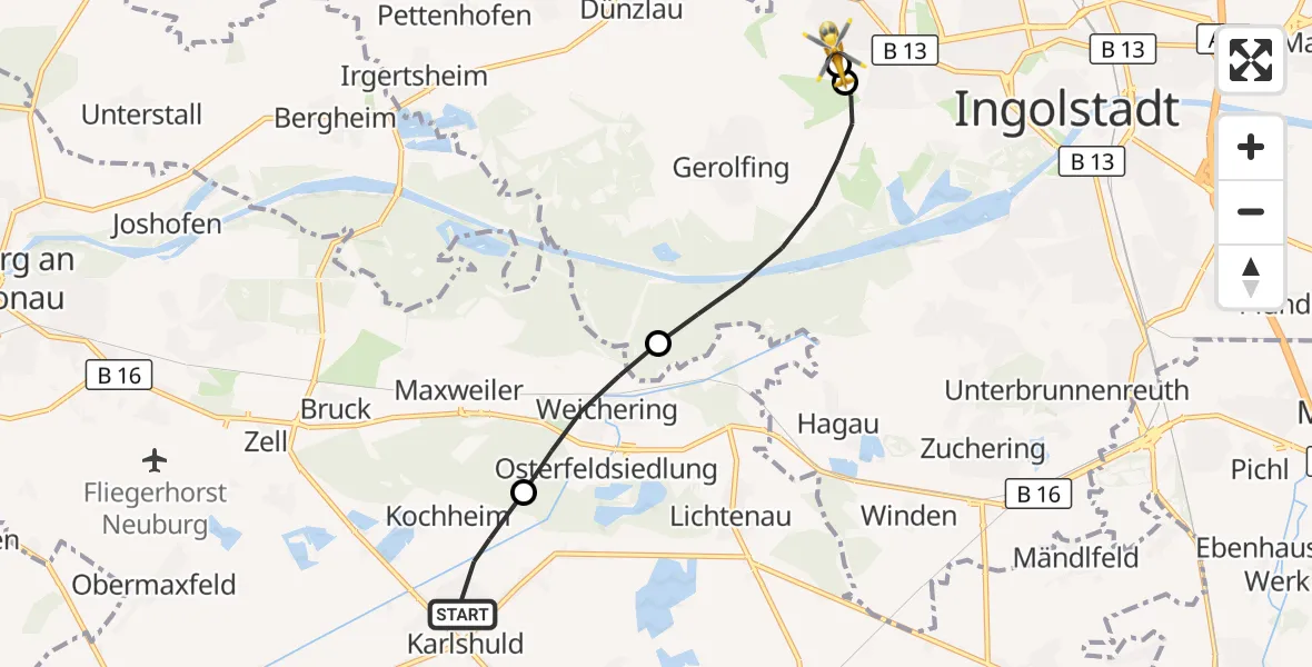 Flugroute Rettungshubschrauber Karlshuld - Ingolstadt Hospital, 02 Oktober 2026, 15:58