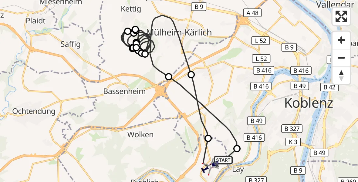 Flugroute Polizeihubschrauber Koblenz-Winningen Flugplatz - Winningen, 02 Oktober 2026, 16:00