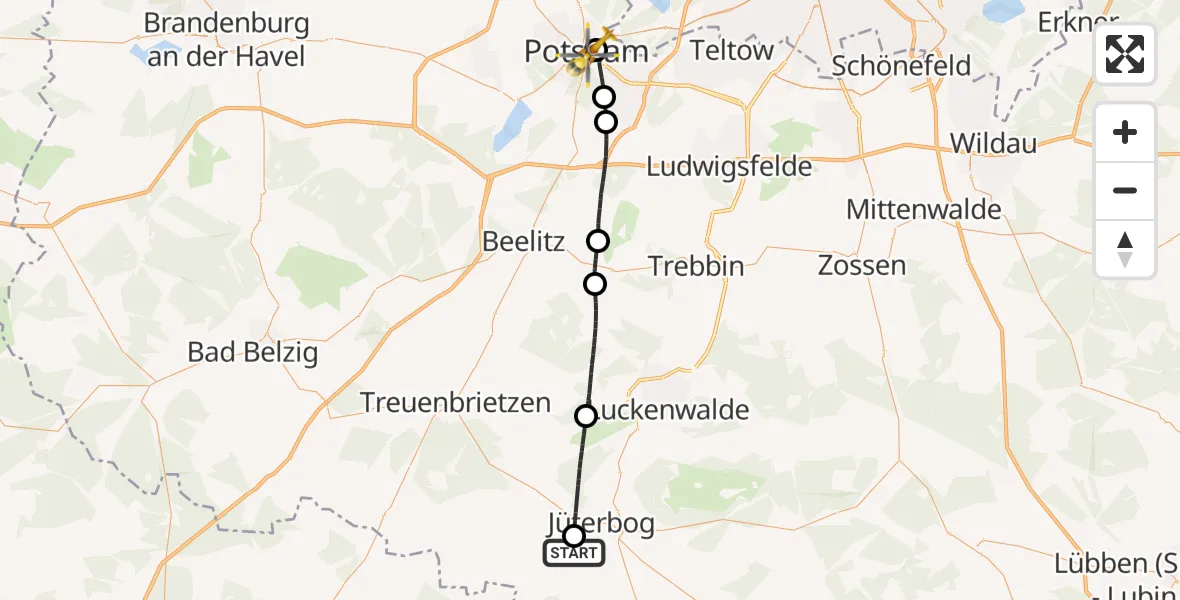 Flugroute Rettungshubschrauber Niedergörsdorf - Ernst von Bergmann Clinic Hubschrauberlandeplatz, 02 Oktober 2026, 16:12