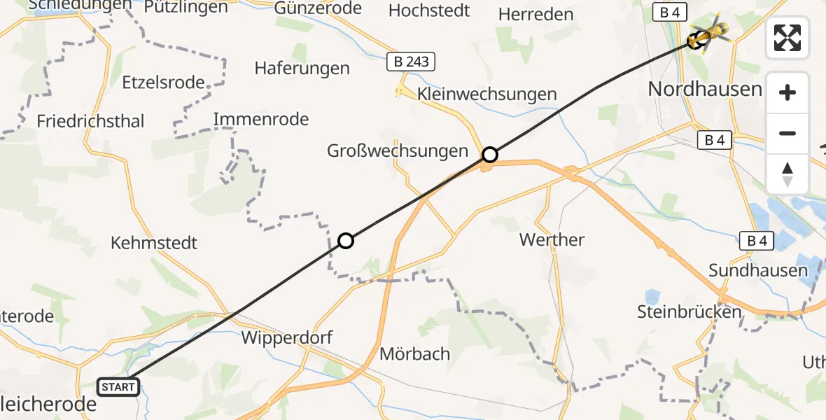 Flugroute Rettungshubschrauber Bleicherode - Südharz Hospital Nordhausen, 02 Oktober 2026, 16:15