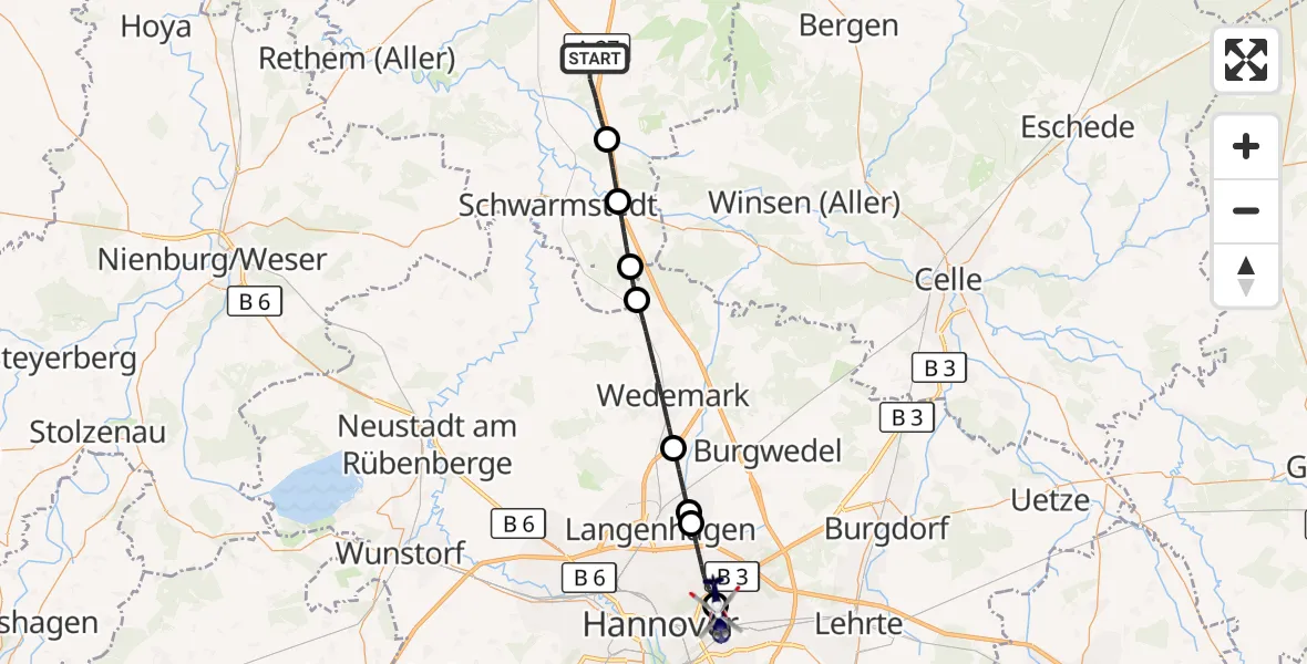 Flugroute Polizeihubschrauber Walsrode - Hannover Luftrettung Hubschrauberlandeplatz (Christoph 4), 02 Oktober 2026, 16:16