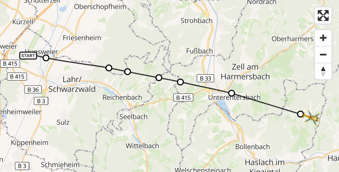 Flugroute Rettungshubschrauber Lahr Flughafen - Fischerbach, 02 Oktober 2026, 16:25