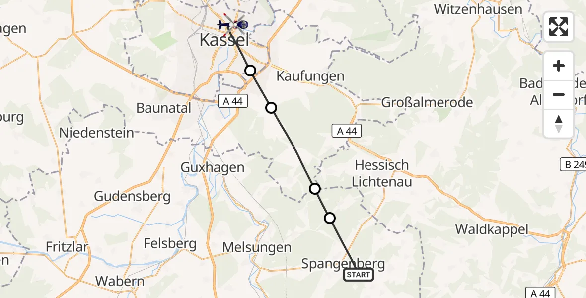 Flugroute Polizeihubschrauber Spangenberg - Kassel, 02 Oktober 2026, 16:37