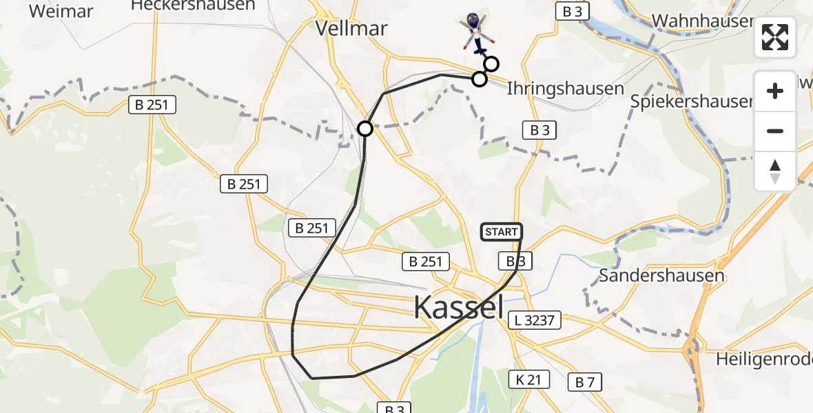 Flugroute Polizeihubschrauber Kassel - Fuldatal Bundespolizei Hubschrauberlandeplatz, 02 Oktober 2026, 17:03