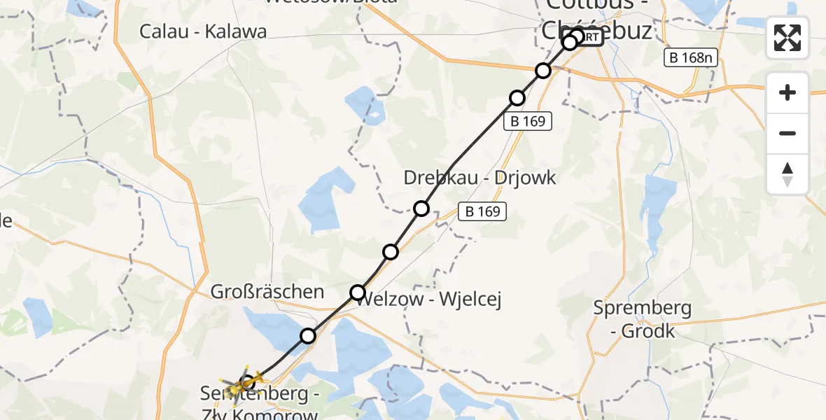 Flugroute Ambulanzhubschrauber Carl Thien Hospital Cottbus - ADAC Luftrettungsstation Senftenberg Hubschrauberlandeplatz, 02 Oktober 2026, 17:07
