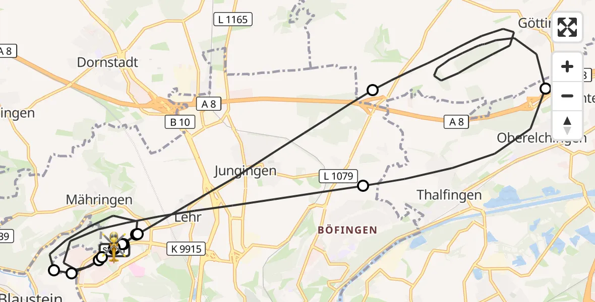 Flugroute Rettungshubschrauber Ulm Military Hospital Emergency - ADAC Air Rescue Station Ulm (Christoph 22), 02 Oktober 2026, 17:40
